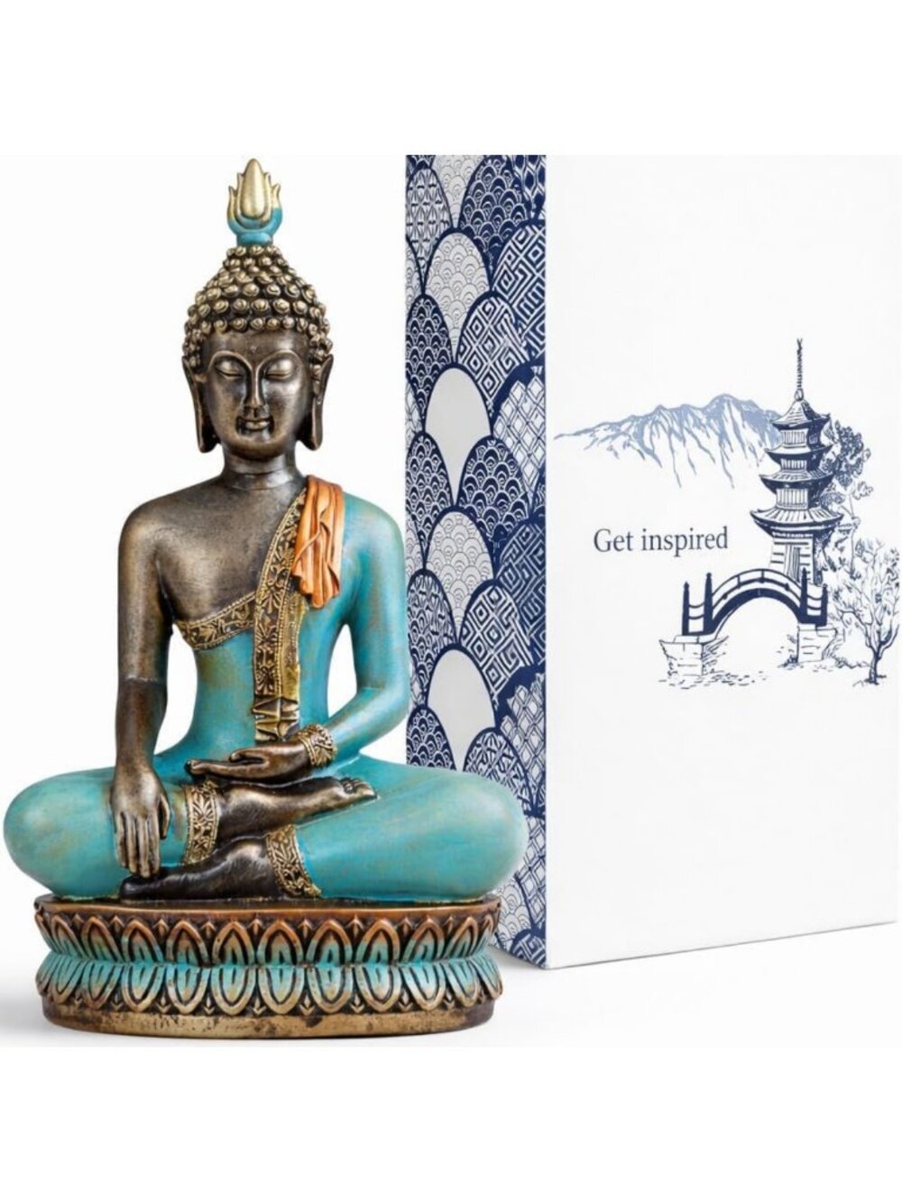 Hand-Painted Turquoise & Gold Large Buddha Statue - 12.5-Inch Polyresin Decor